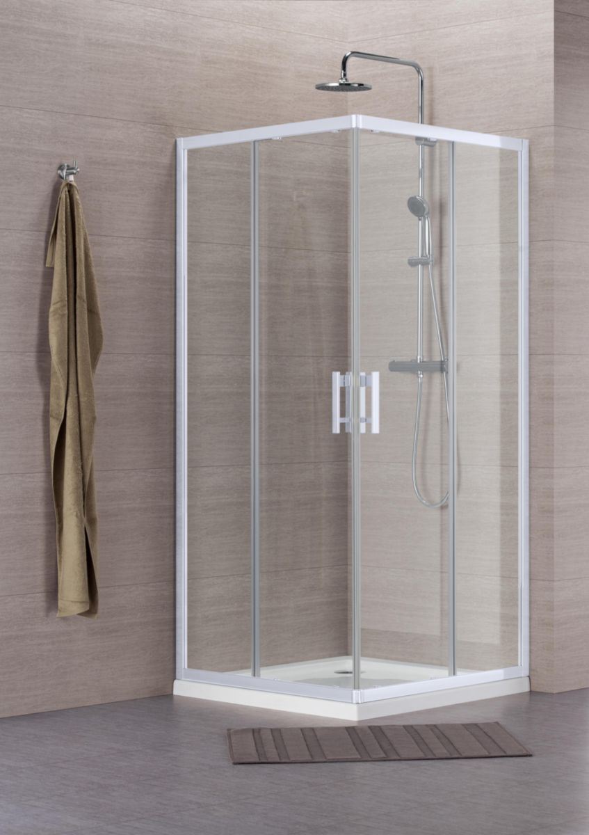 ALTERNA - Accès d'angle MEZZO extensible, verre transparent, profilé blanc (2 éléments fixes, 2 parois coulissantes) — photo 1