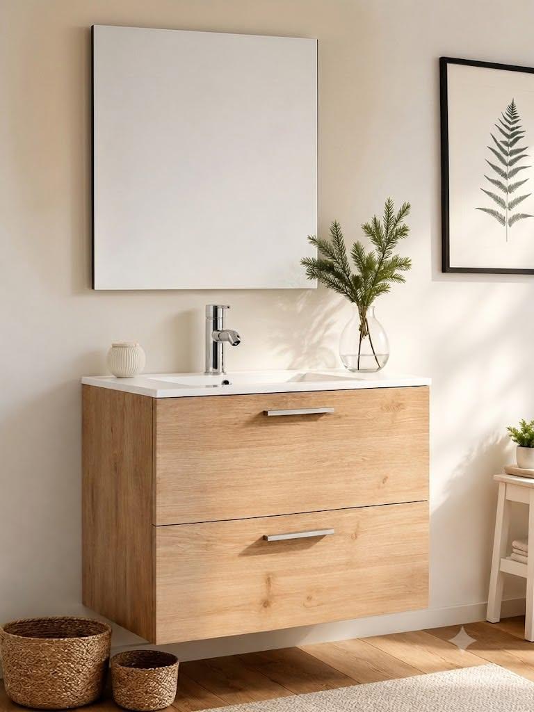 Ensemble ALMA meuble 2 tir L70cm + vasque + miroir + applique Led Bob L70cm — photo 1